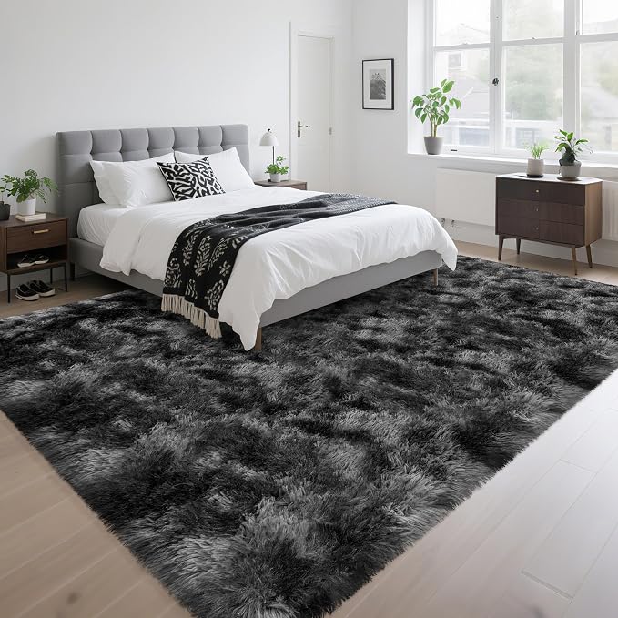 Soft Shaggy Rugs for Bedroom Living Room, 6x9 Tie-Dyed Dark Grey and Black Rug - Image 2