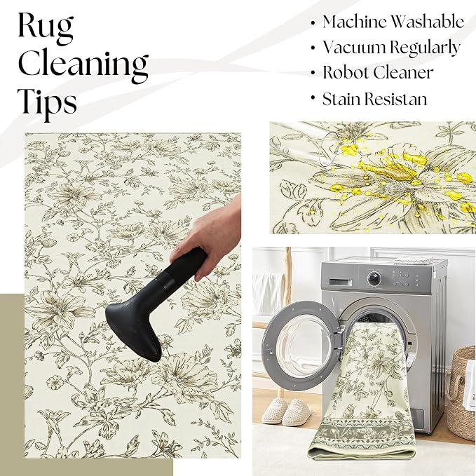Boho Dining Room Rugs for Under Table 7x9 Washable Taupe Cream Beige Tan Floral - Image 4