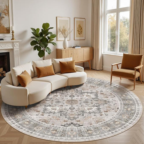 8ft Round Area Rug: Washable Vintage Neutral Soft Non Slip Thin Large Floor by MICGEEK