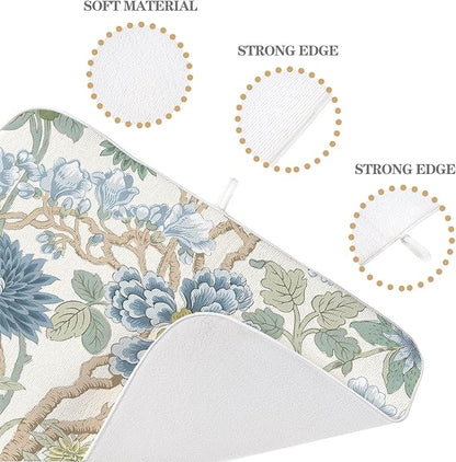 Chinoiserie Dish Drying Mat 18x24 Inch Vintage Sage Green Blue Floral Drying - Image 7