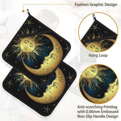 Celestial Moon Golden Sun Boho Chic Stars Pot Holder Set of 2, Heat Resistant - Image 4