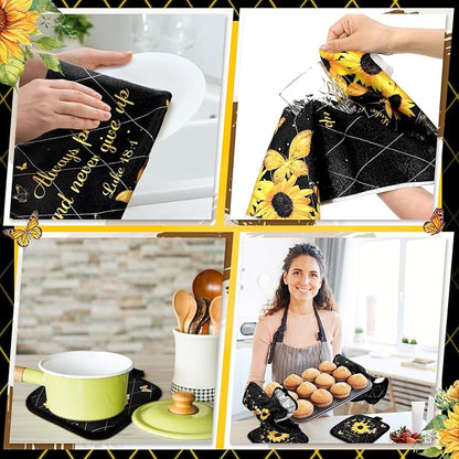 Fourluoo 10 Pcs Sunflower Butterfly Kitchen Dish Towels Rugs Oven Mitts and Pot - Image 4