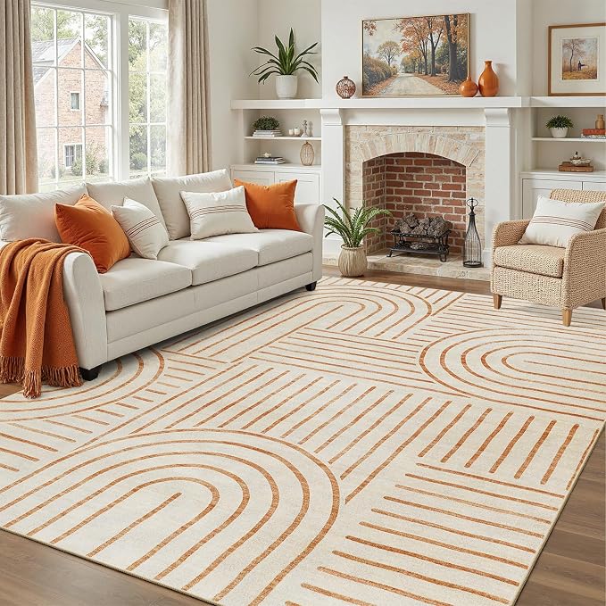 DCX Beige Machine Washable 8x10 Area Rugs, Midcentury Modern Non Slip Stain - Image 6