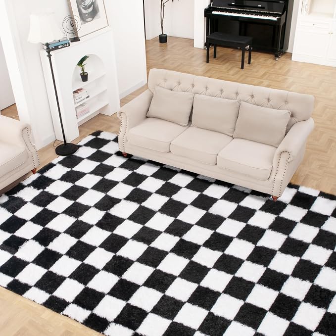 Super Soft Rug for Bedroom, 5x8 Ft Black and White Area Rug Classic Checkered - Image 2