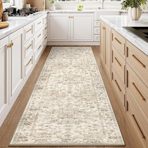 2'6x8 Washable Neutral Runner Rug Beige Vintage Hallway Kitchen Carpet Non-Slip by WondRg