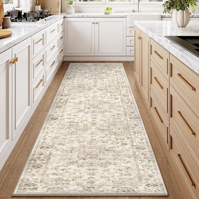 2x12 Washable Neutral Runner Rug Beige Vintage Hallway Kitchen Carpet Non-Slip - Image 2