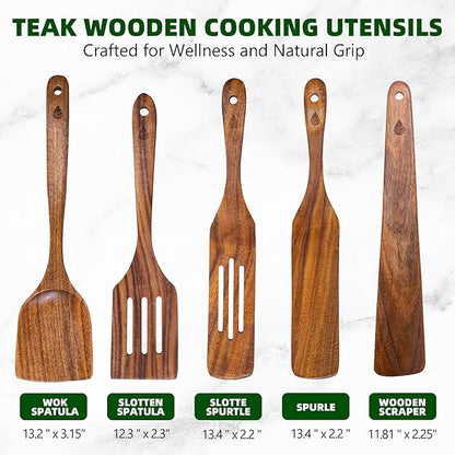 5 PCS Wooden Spatula for Cooking, Natural Teak Wooden Utensil Set, Non-Toxic - Image 3