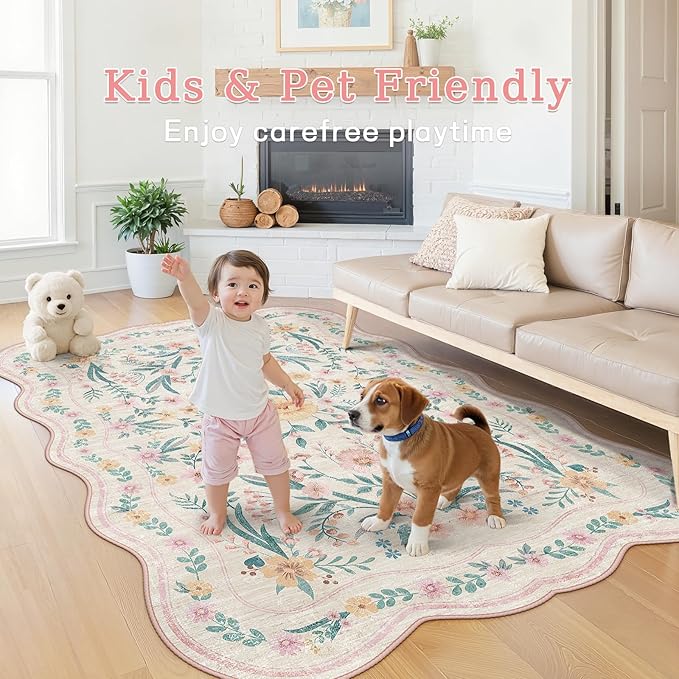 Pink Floral Rug 4X6 for Girls Bedroom or Nursery, Scalloped Cottagecore - Image 4