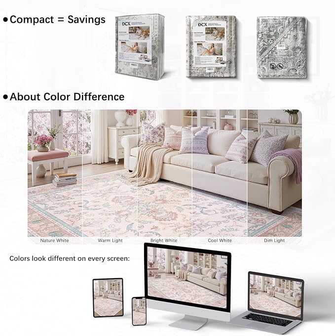 DCX 4x6 Pink Vintage Floral Rug, Machine Washable Non Slip Low Pile Carpet - Image 4