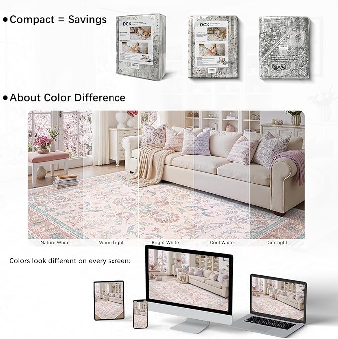 DCX 5x7 Pink Vintage Floral Rug, Machine Washable Non Slip Low Pile Carpet - Image 4