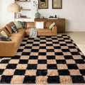 Shag Rugs for Living Room 8x10, Ultra Soft Checkered Black Beige Big Fuzzy Rugs by Ailyei