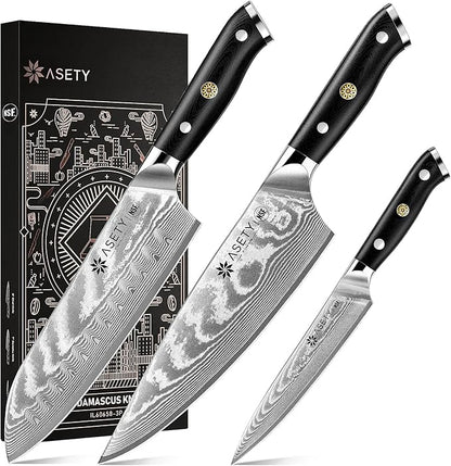 Damascus Knife Set 3 PCS: Japanese Kitchen Knives by ASETY