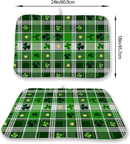 St Patricks Day Dish Drying Mat 18x24 Inch Green Lucky Shamrock Buffalo Plaid - Image 2