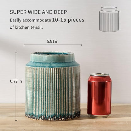 JIEMEI HOME Kitchen Utensil Holder, 6.77" Ceramic Farmhouse Stable Utensil Crock - Image 2