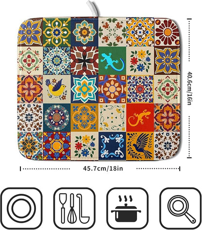 Giwawa Mexican Tile Dish Drying Mat 16"x18" Talavera Boho Floral Print Dish - Image 2