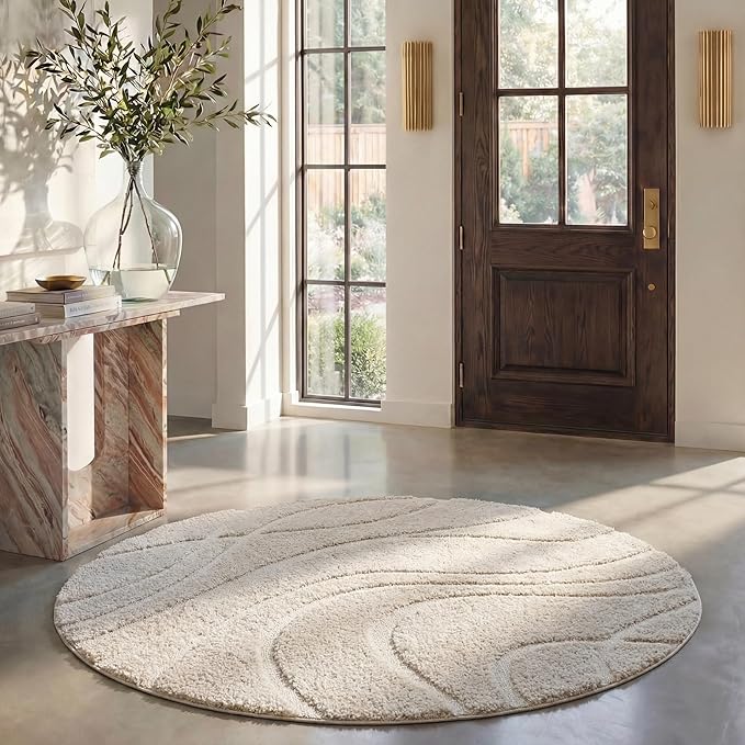 SAFAVIEH Florida Shag Collection 10' Round Cream / Cream SG471 Abstract Wave by Unknown