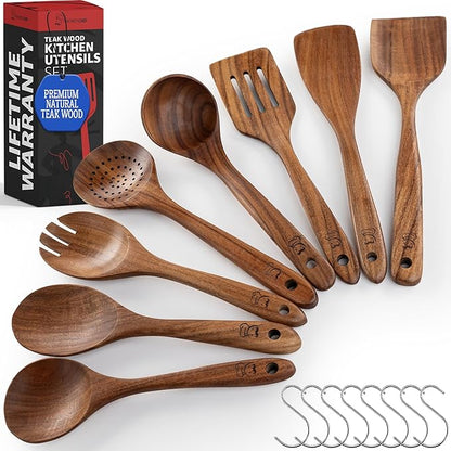 PriorityChef Wooden Spoons for Cooking, Premium 8pc Teak Wood Utensil Set by PriorityChef