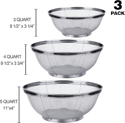 3 Pack Strainers for Kitchen, 18/8 Stainless Steel Colander, Fine Mesh Strainer - Image 3
