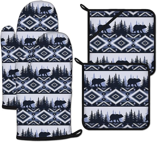 Vintage Rustic Bear Oven Mitts and Pot Holders Sets Heat Resistant 4Pcs by ANTJOO