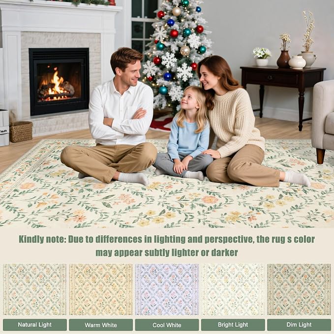 Round Area Rug for Living Room: 8 ft Floral Washable Circle Rug Soft Boho - Image 9