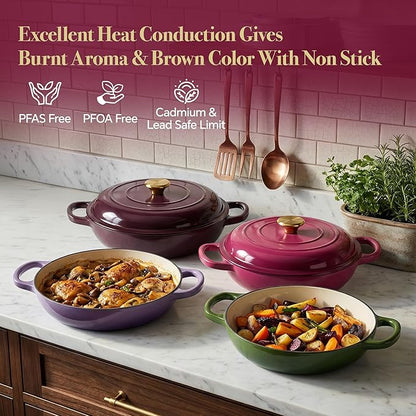 3 Quart Enameled Cast Iron Braiser, Non Stick Enameled Cast Iron Skillet - Image 2