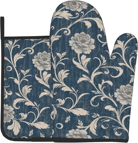 Navy Blue Oven Mitts and Pot Holders Vintage Floral Kitchen Accessories Set of by DZGlobal