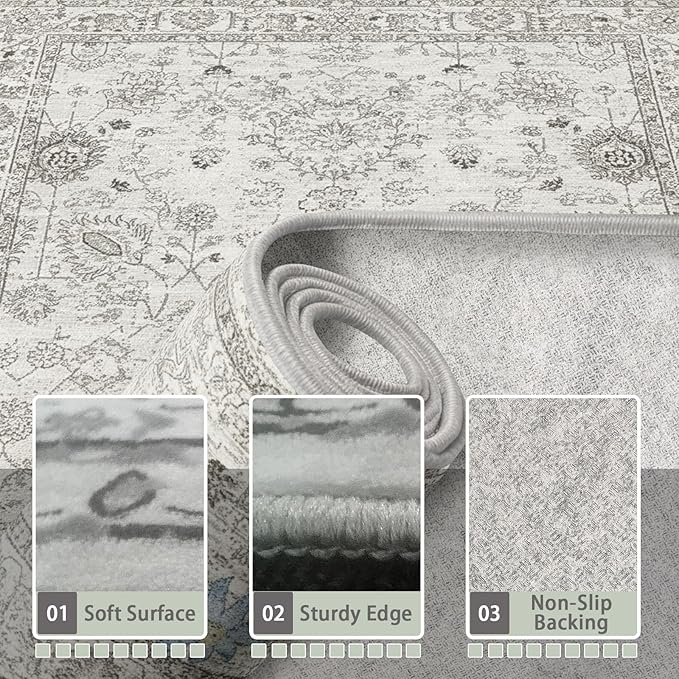 Floral Machine Washable Rug Grey White, 3x5 Rug Non Slip Soft Bedroom Rugs - Image 4