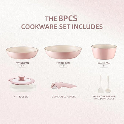 BECIGAR 8PCS Ceramic Cookware, Nonstick Ceramic Pan, Removable Handle Pots and - Image 2