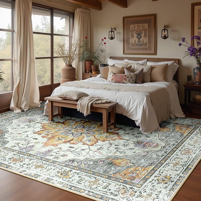 RELEANY Area Rugs Large 10'x14' Washable Non-Slip, Floral Vintage Distress - Image 3
