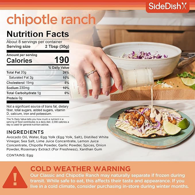 SideDish Chipotle Ranch Dressing (Pack of 3) - Seed Oil, Dairy & Gluten Free Salad Dressing w/Avocado Oil - Refined Sugar Free, Low Sodium Healthy Ranch Sauce - Paleo Dressing for Sauces, Dips & More