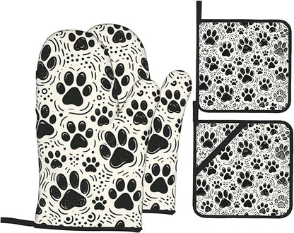 Black White Paw Oven Mitts & Potholder Set of 4 by Unknown