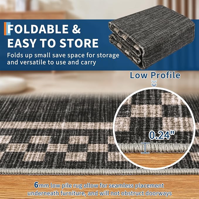 4ft Washable Round Rug for Entryway Modern Checkered Bedroom Circle Rug Non - Image 5