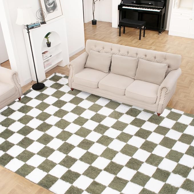 Super Soft Rug for Bedroom, 8x10 Ft Green and White Area Rug Classic Checkered by TOOHUB