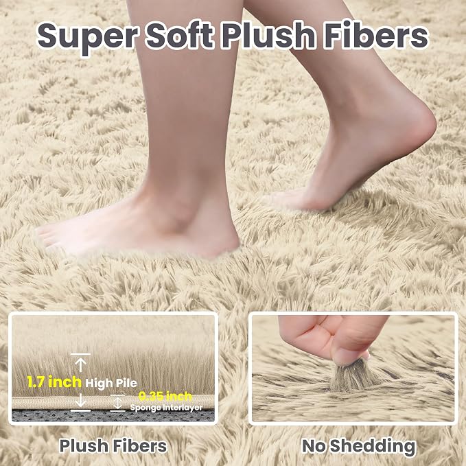 2x6 Bedside Area Rugs for Bedroom: Soft Fluffy Shag Beige Rug for Hallway - Image 5