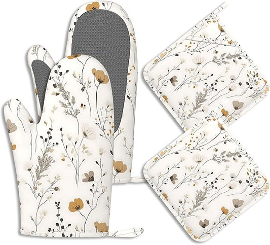 Vintage Wild Flowers Oven Mitts and Pot Holders Herb Floral Silicone Kitchen by BIGXIUKA