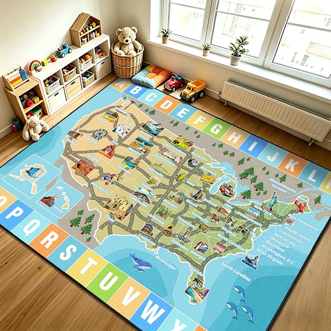 Car Rug Play Mat 5x7 ft, Race Track Map Road Rug by GRAMBET