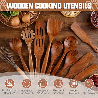 Wooden Spoons for Cooking 11Pcs Natural Acacia Wooden Kitchen Utensil Set - Image 5