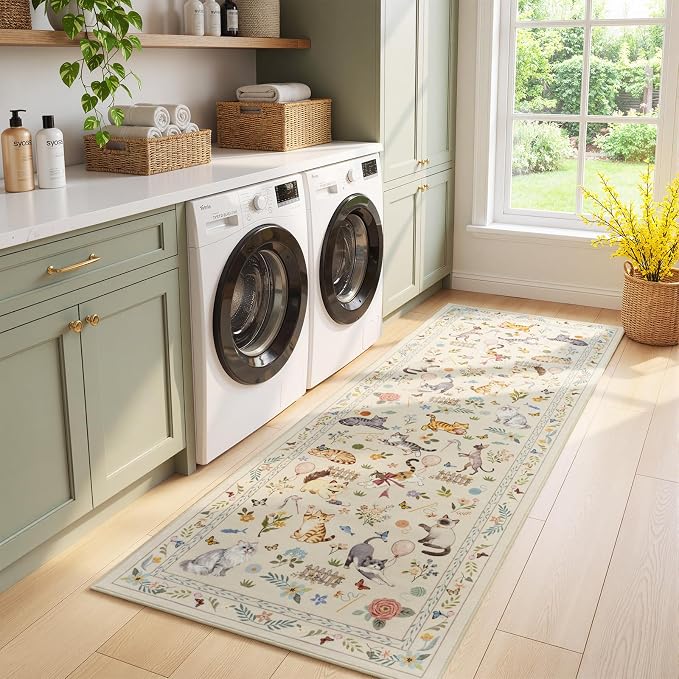Unirea 2.6x8 Beige Cat Runner Rug, Washable Non Slip Botanical Rug - Image 9