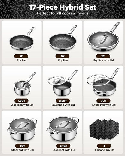 Pots and Pans Set Hybrid Stainless Steel, Dishwasher & Oven Safe, Metal Utensil - Image 2