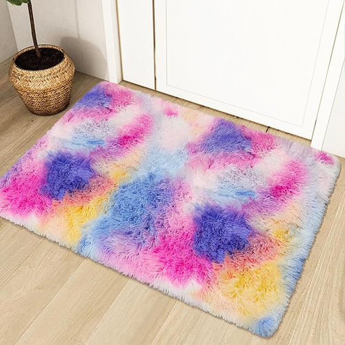 2x3 ft Small Throw Rugs Furry, Non Slip Mini Area Rug, Fluffy Tie-Dyed Rainbow by TENNOLA
