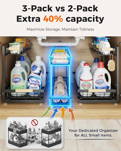 Sevenblue 3 Pack Under Sink Organizer, Height Adjustable 2 Tier Pull-Out Metal - Image 2