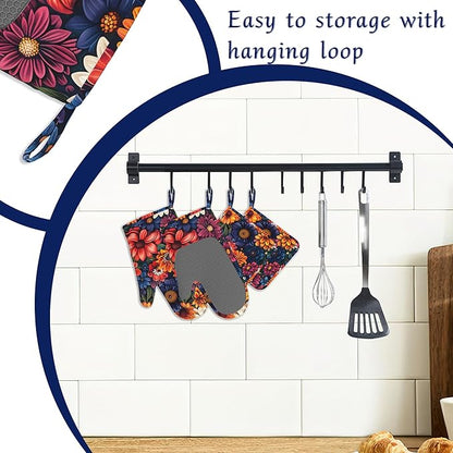Colourful Flowers Potholders & Oven Mitts Sets Spring Floral Silicone Heat - Image 3