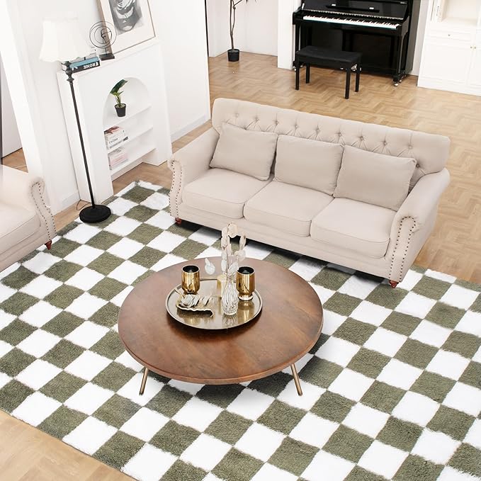 Super Soft Rug for Bedroom, 6x9 Ft Green and White Area Rug Classic Checkered - Image 2