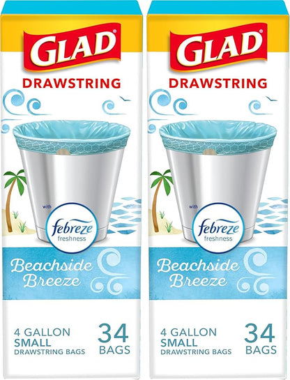 Glad Odorshield Small Drawstring Trash Bags, 4 Gal, Febreze Beachside Breeze by GladTrashFoodStorage