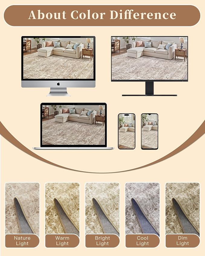 Madane 8x10 Area Rugs for Living Room, Machine Washable Vintage Neutral Rug - Image 7