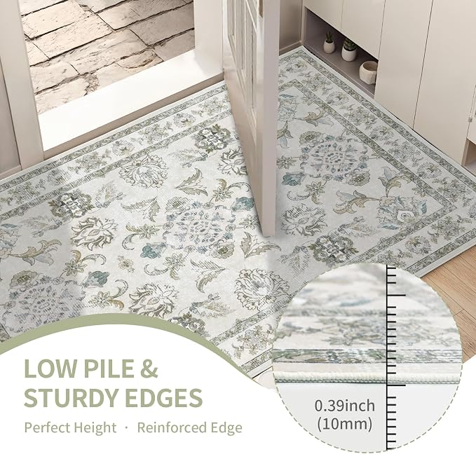 9x12 Washable Area Rugs Beige and Sage Green Vintage Boho Floral Farmhouse Rug - Image 4