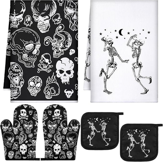 Leinuosen 6 Pcs Skull Kitchen Decor Set Kitchen Towels Gothic Oven Mitts and by Leinuosen