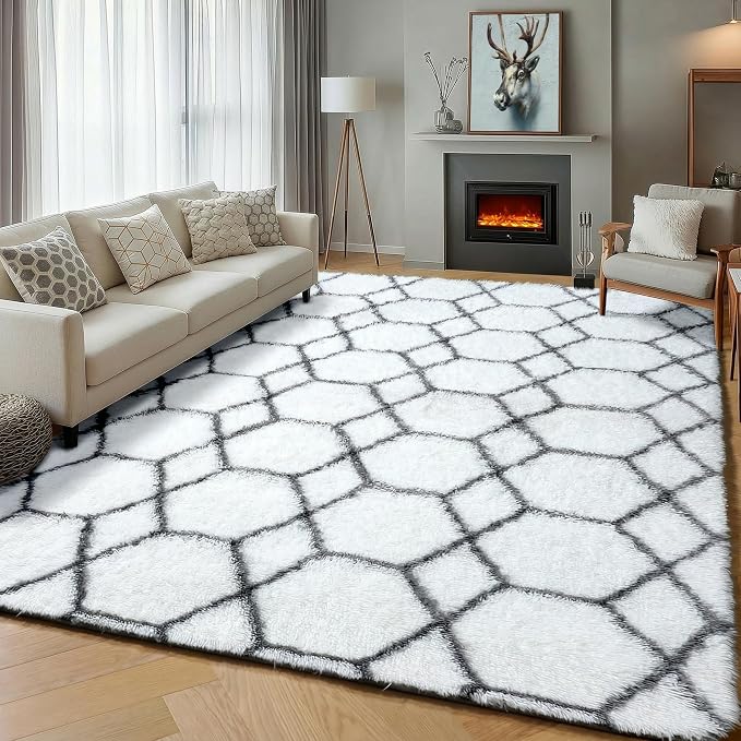 ONASAR 6x9 Area Rugs for Living Room Bedroom, Large Fluffy White and Grey Throw - Image 5