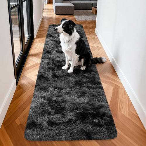2x8 ft Plush High Pile Black Tie-Dyed Rug Fluffy Soft Runner Bedside Rug - Image 2