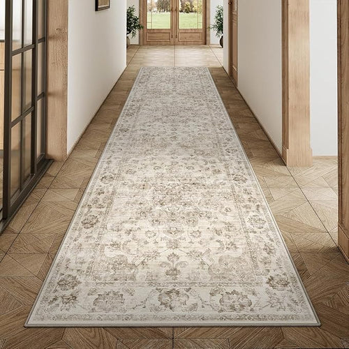2x14 Washable Neutral Runner Rug Beige Vintage Hallway Kitchen Carpet Non-Slip - Image 2